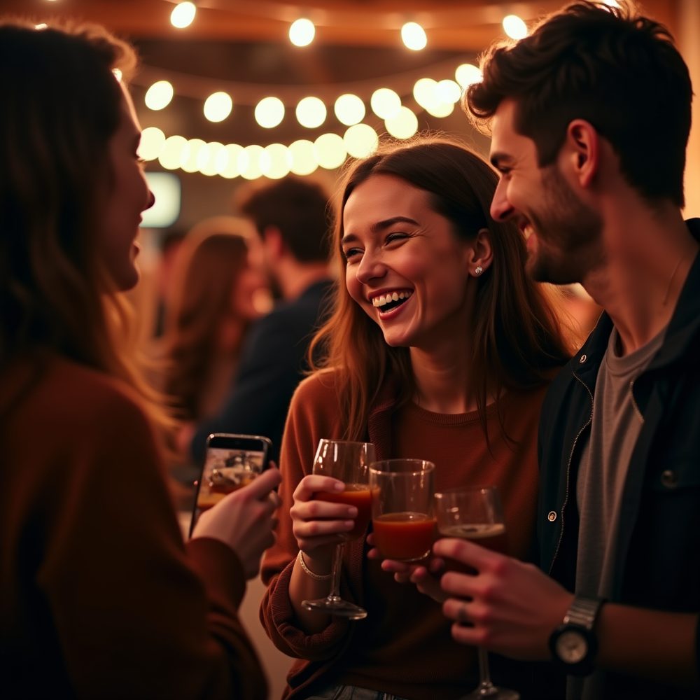 Beispielfoto vor Anwendung eines KI-Effekts: zwei Gäste lachen bei einer Feier